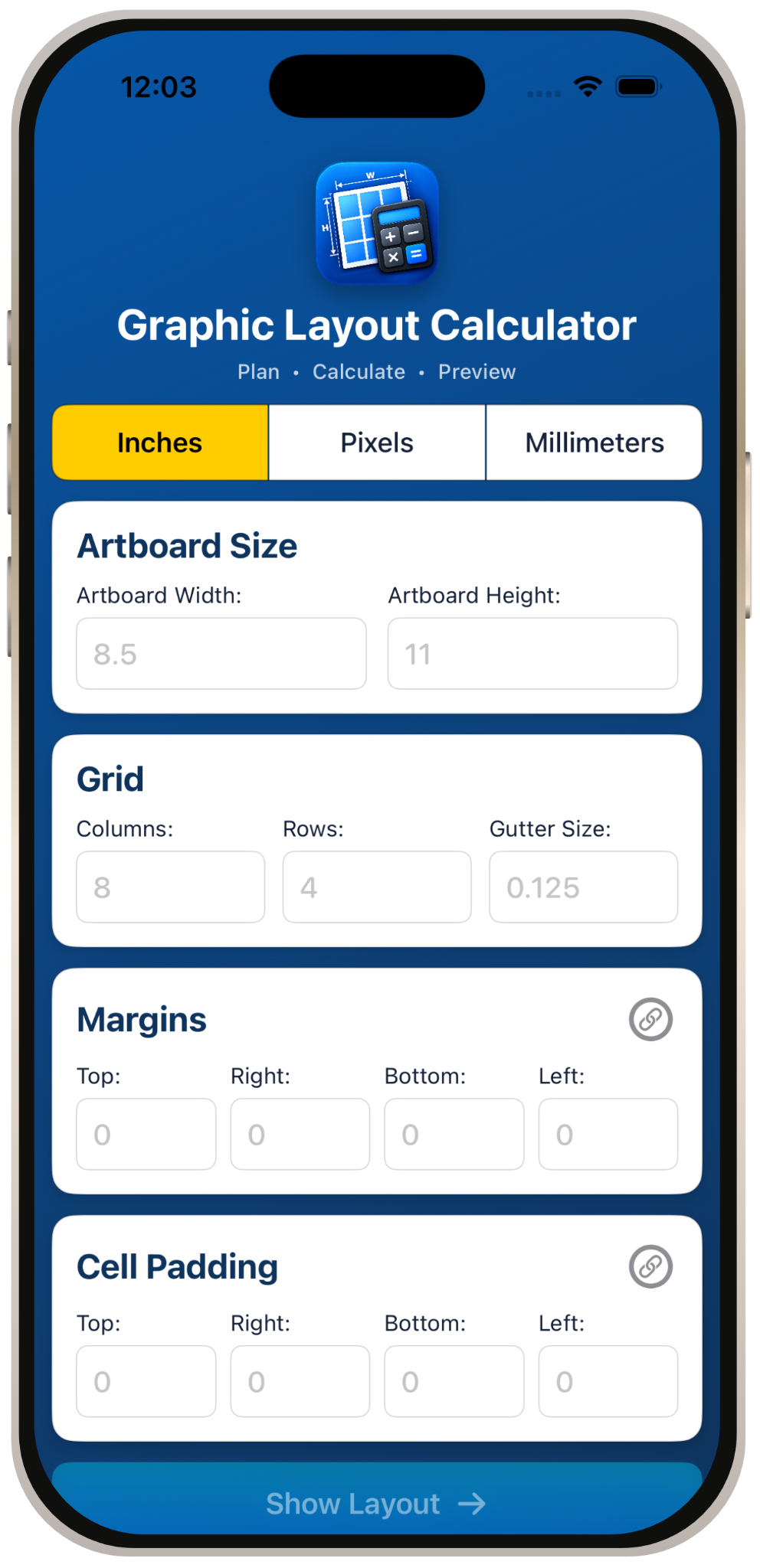 Graphic Layout Calculator main screen showing artboard, grid, margin and padding controls