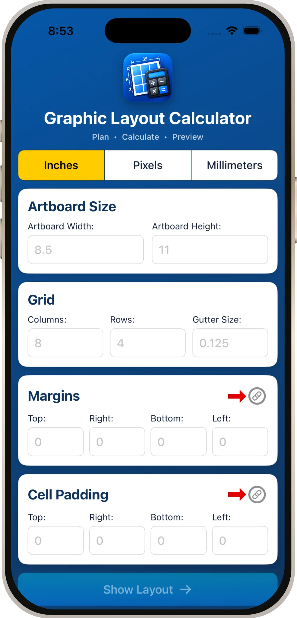 Graphic Layout Calculator main screen with arrows pointing to the link controls for Margins and Cell Padding