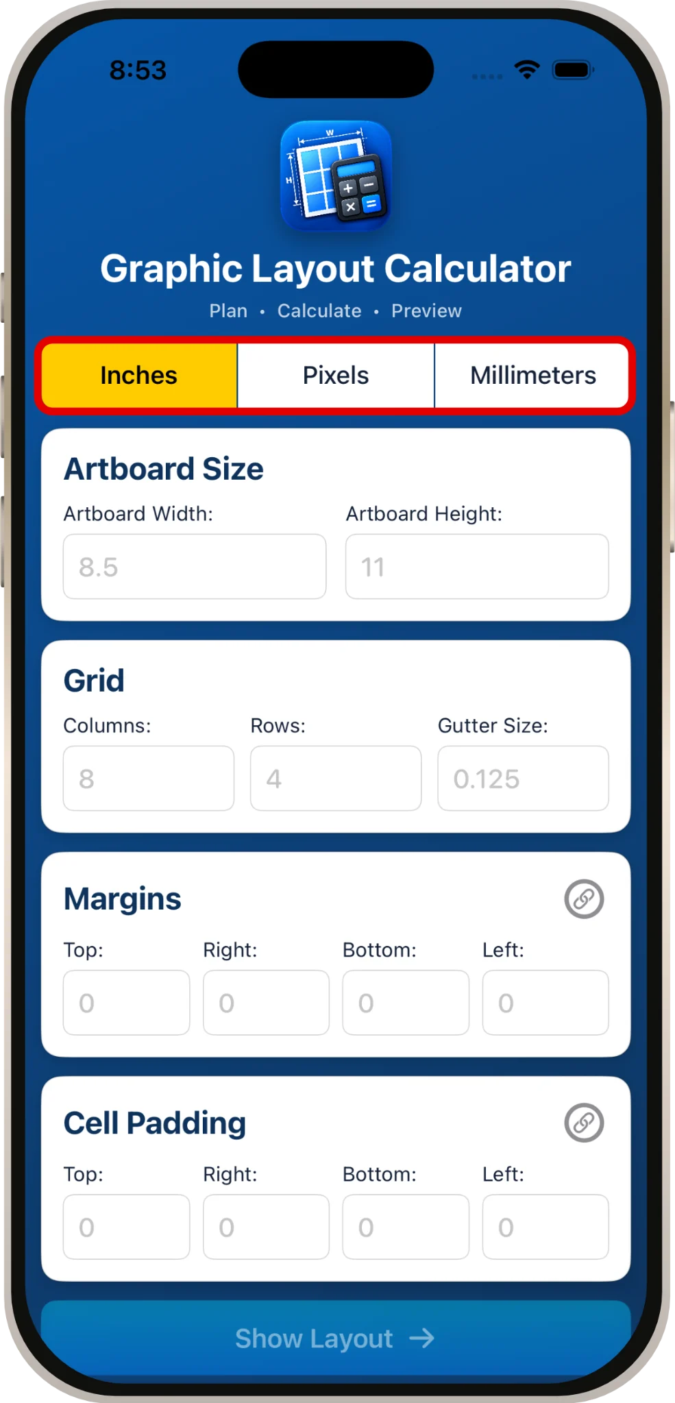 Unit selector highlighted in red