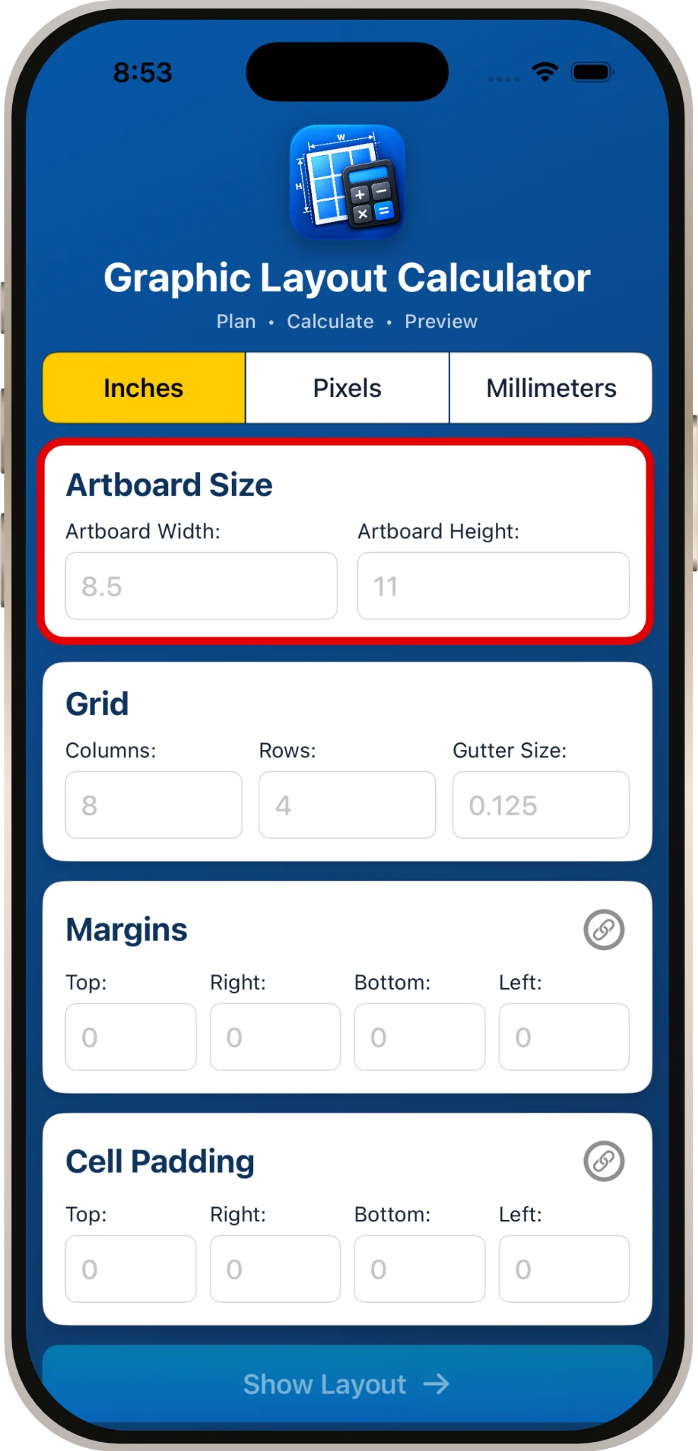 Artboard Size fields highlighted in red