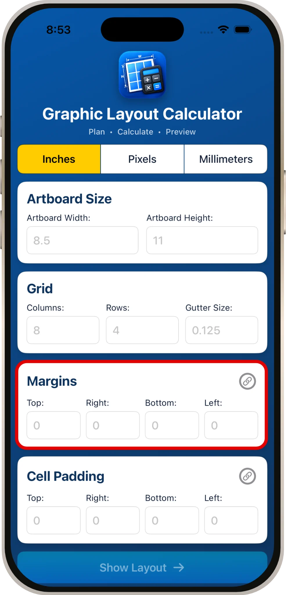 Margins section highlighted in red