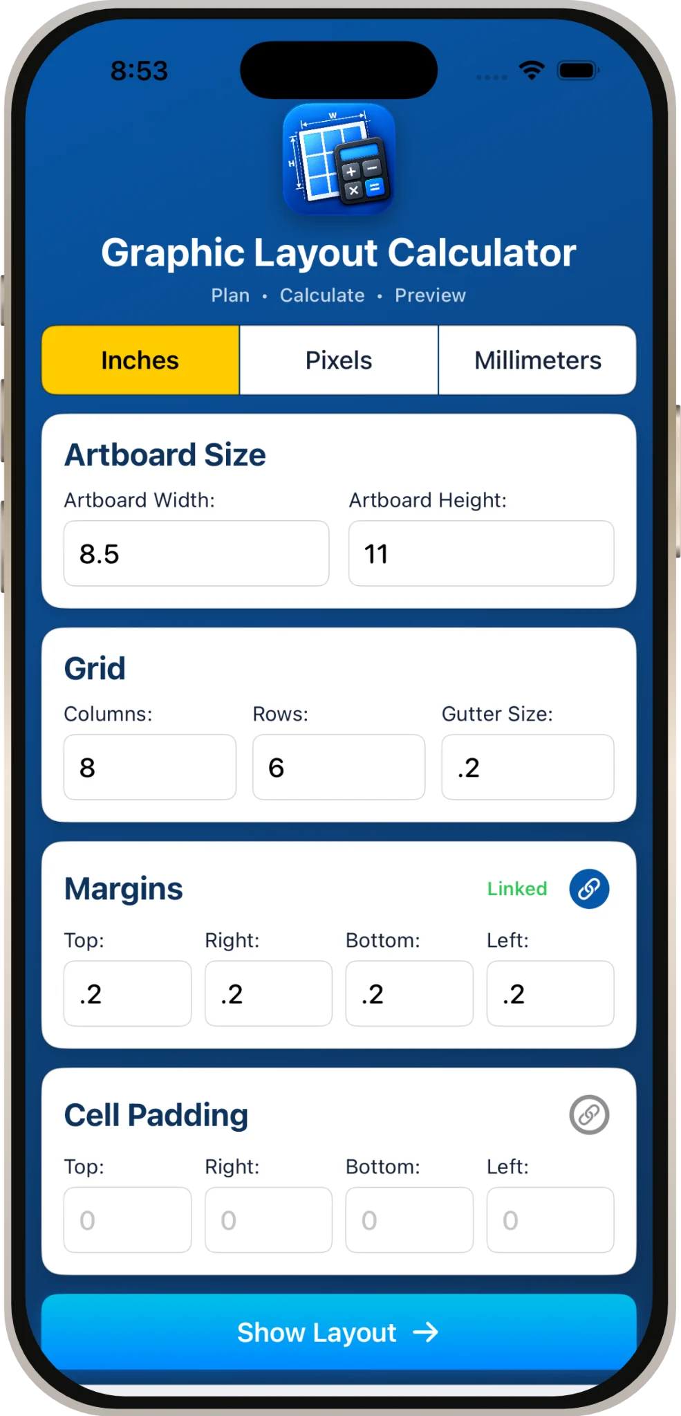 Graphic Layout Calculator with example dimensions entered