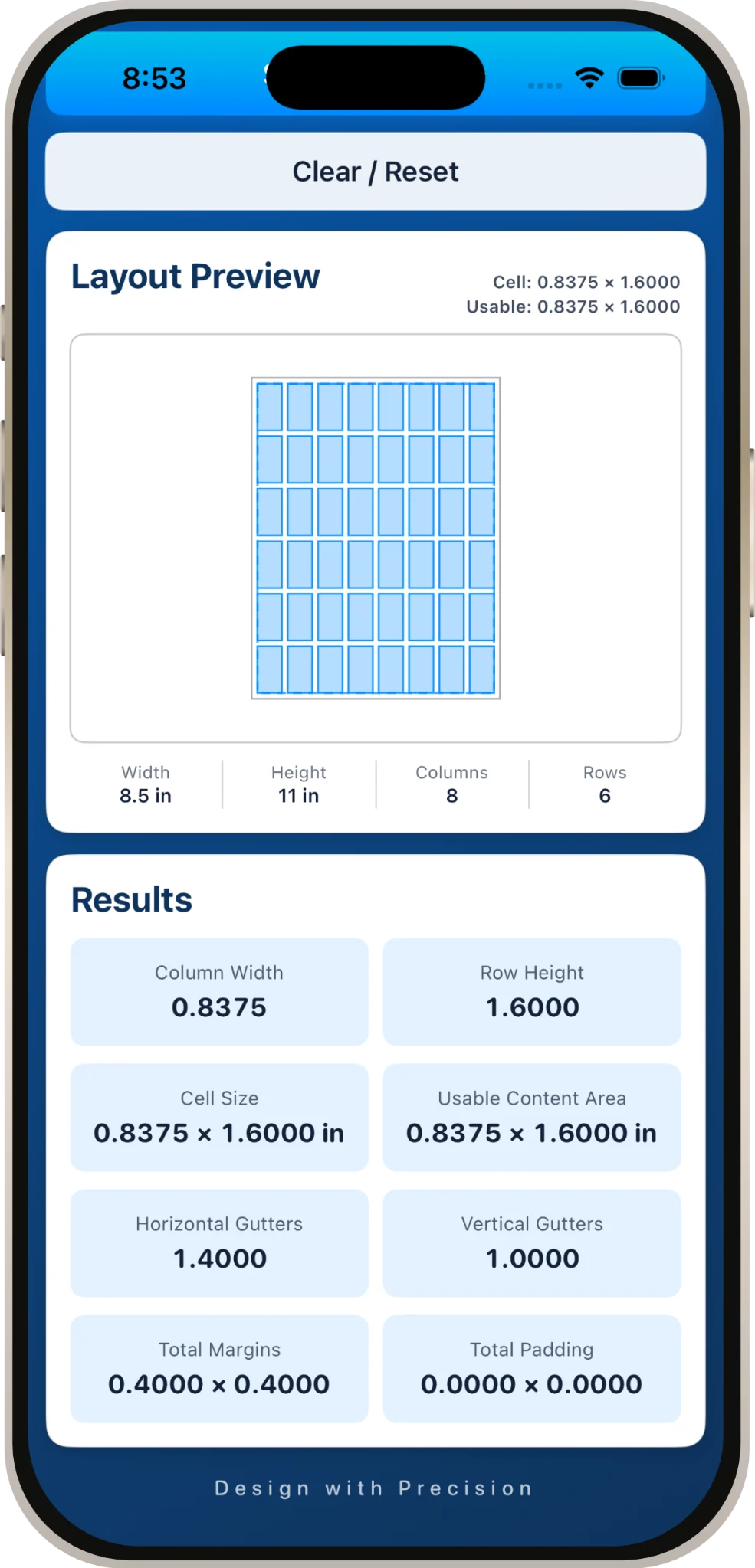 Calculated layout preview and results for the example