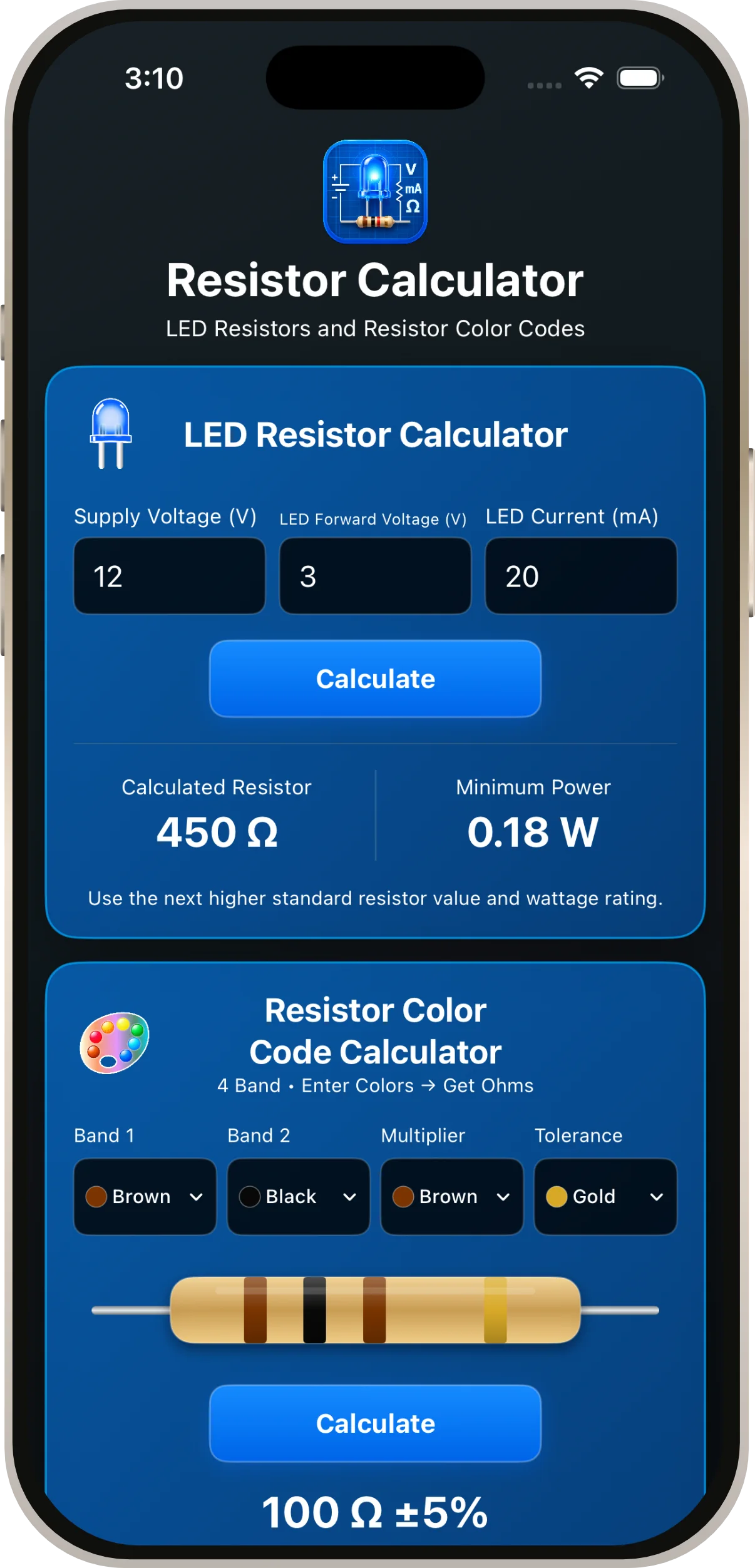 App overview and LED resistor calculation