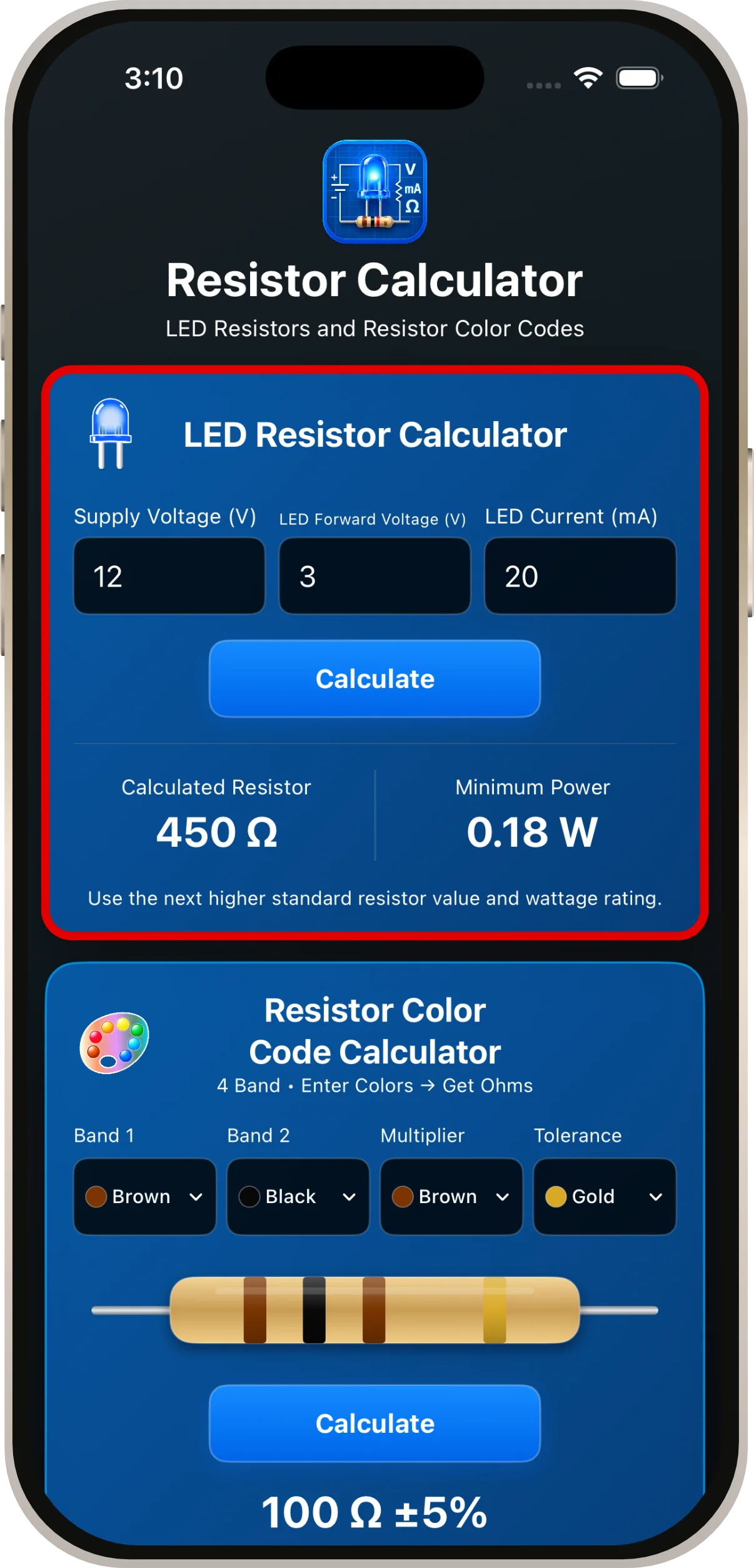 LED calculator: 12 V supply, 3 V forward voltage, 20 mA current