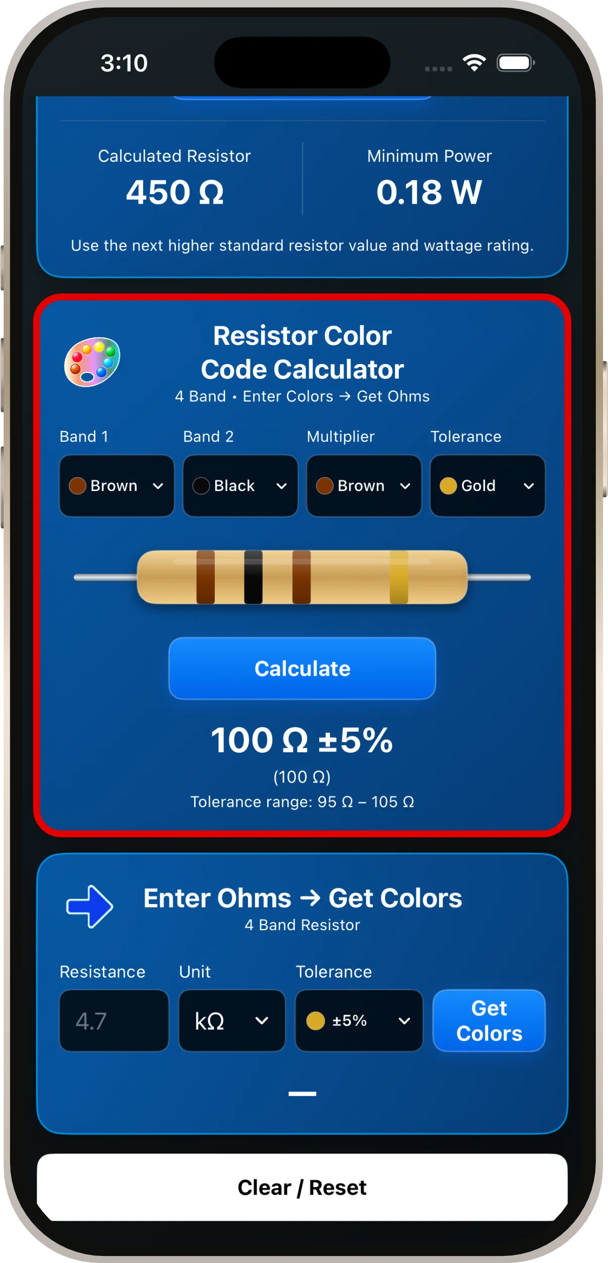 Four-band color code calculator: 100 Ω ±5%