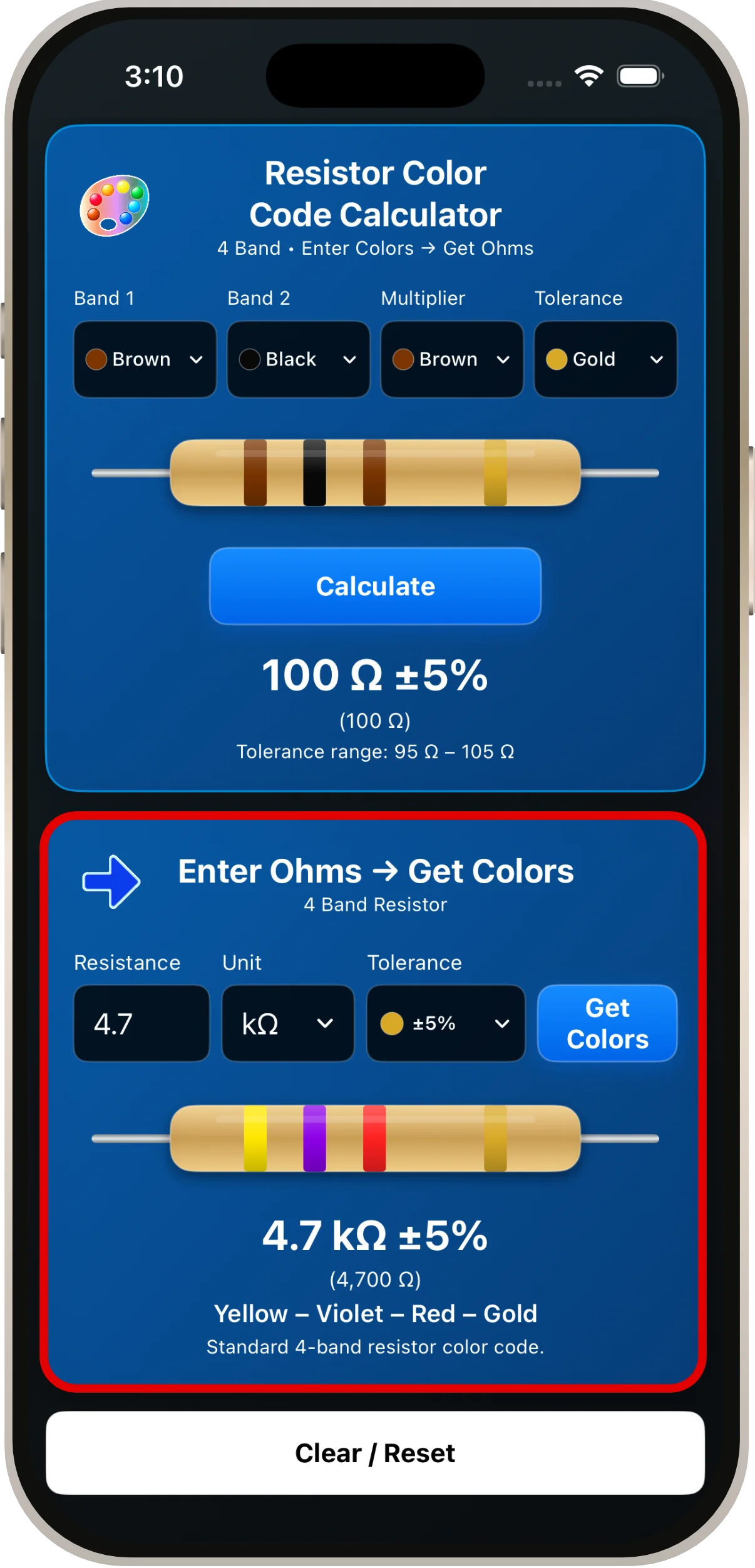Enter Ohms → Get Colors: 4.7 kΩ ±5%